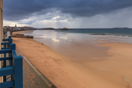 Panoramic View of Low Tide Beach and Coastal Fortifications in Saint Malo France