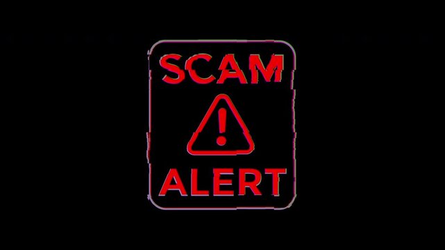Design of red glitch effect scam alert text notification on black background. Suitable for warning messages, cyber security concepts.