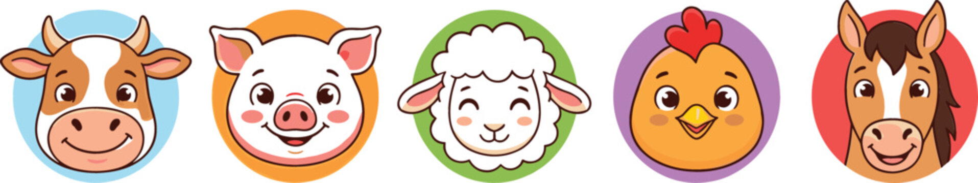 Cute Farm Animal Face Badge Vector Icon Set Featuring Friendly Cartoon Cow, Pig, Sheep, Chicken, and Horse Characters for Kids Educational Games and Nursery Decor Designs