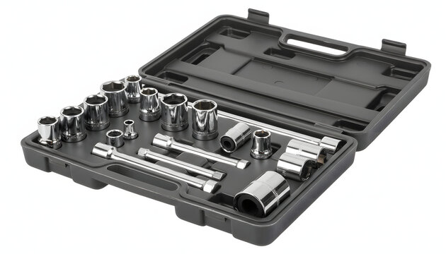 Open metal socket wrench tool kit set in black plastic carrying case.