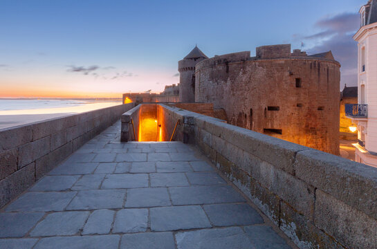 Stone Ramparts and Historic Fortifications at Dawn in Saint Malo Brittany France