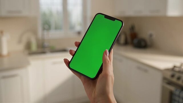 Young woman holding smartphone display green screen at home kitchen, smartphone close-up showing blank display for app mockup and technology concept