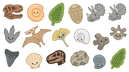 Collection of cute cartoon fossils and prehistoric creatures, including dinosaurs, ammonites, trilobites, and plant imprints. © jaina