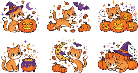 Obraz premium Cute Halloween Kitten Vector Icon Set Featuring Whimsical Orange Cats with Witch Hats, Spooky Pumpkins, Cauldron, Bats, and Ghosts for Festive Autumn Clip Art Designs