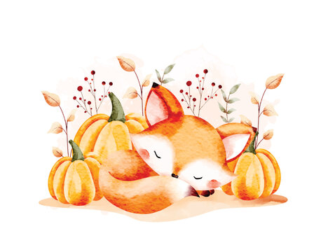 Watercolor Illustration Cute Fox Sleeps Near Orange Pumpkins and Autumn Leaves