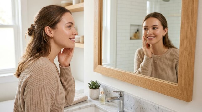 A young woman stands in front of a mirror in a bathroom. She is applying skincare products to her face, smiling at her reflection.