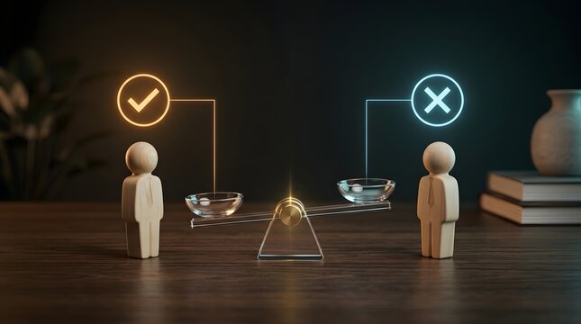 Corporate compliance evaluation concept balancing pros and cons with glowing true and false symbols between business team figures