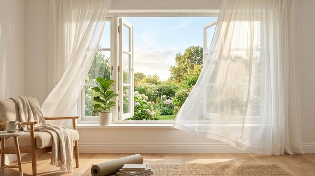 A person sits in a comfortable armchair, enjoying a serene view through an open window.