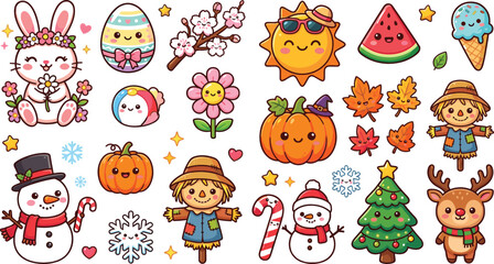Obraz premium Cute Kawaii Four Seasons Sticker Vector Set with Spring Bunny Summer Sun Autumn Pumpkin and Winter Snowman Characters for Holiday Calendars and Kids Decorative Graphic Designs