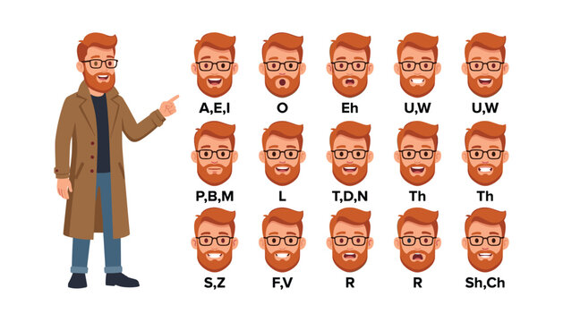 Bearded man character mouth animation phonemes lip sync sheet for speech pronunciation talk and audio vocalization design vector,