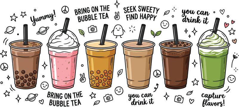 Bubble tea and milkshakes hand drawn vector banner collection with playful quotes and doodle sketch elements