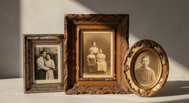 Vintage framed photos and plaque display