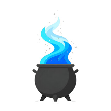 Witch cauldron with glowing blue magic flame illustration