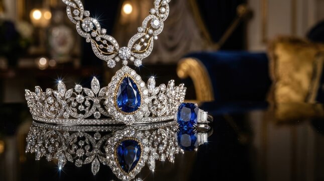 A luxurious tiara, necklace, and ring sparkle on a dark reflective surface. The jewelry features large, brilliant-cut diamonds and a prominent sapphire gemstone.
