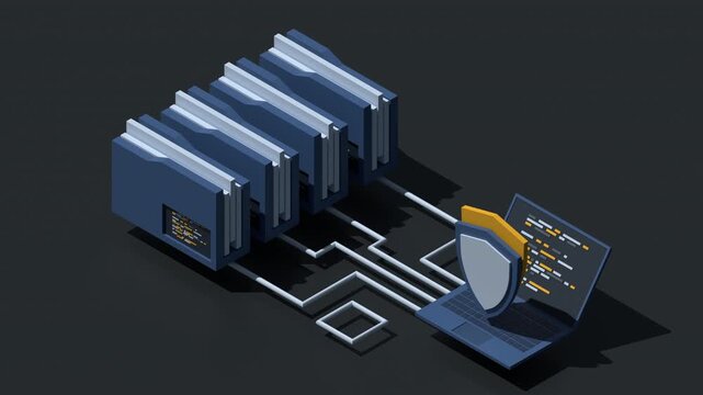 3D isometric data protection with folder and laptop animation. Folder security. Safe documents and folder. Cybersecurity concept. Isometric technology. 4K video animated in isometric style