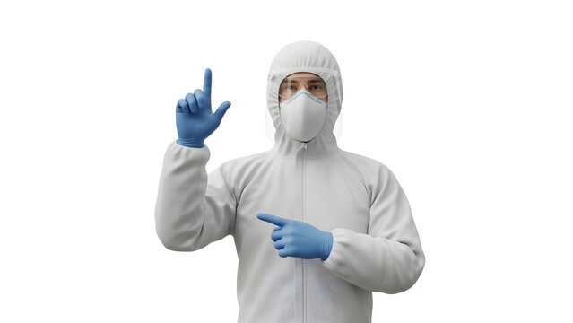 Scientist in Protective Coverall Uniform Pointing Fingers for Medical Presentation and Healthcare Demonstration
