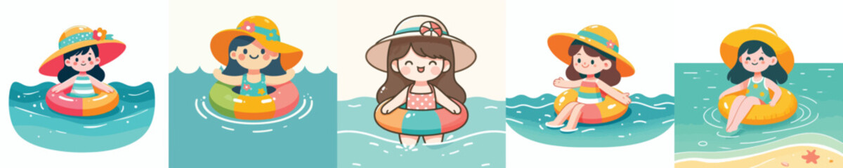 Naklejka premium Flat vector illustration of a happy little girl swimming at the beach in summer