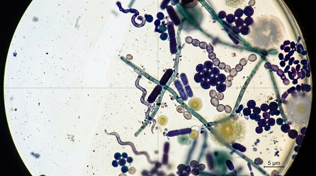 A microscopic image reveals a diverse microbial community within a culture. Various bacterial and fungal species are visible, exhibiting different shapes and colors.