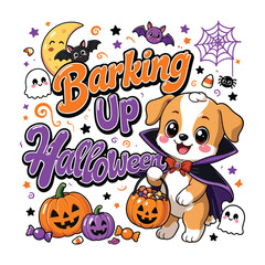 Fototapeta premium Cute cartoon dog dressed as a vampire holding a pumpkin bucket with halloween candy and decorations