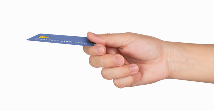 Hand hold credit card isolated on white background.