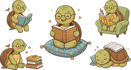 Cute Kawaii Turtle Reading Book Vector Illustration Set Featuring Adorable Tortoise Characters with Glasses Studying Sitting on Pillow and Sleeping with Books