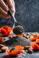 Obraz premium Hand pouring chia seeds from a spoon onto a pile with almonds and poppy flowers, healthy eating and superfood concept, the ingredients are commonly used in cooking and baking for their high fiber