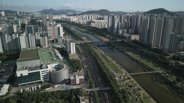 4K Drone of Anyangcheon River near Gocheok Sky Dome Baseball Stadium