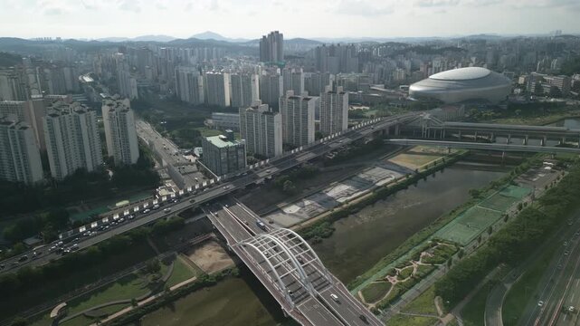 4K Drone of Gocheok Sky Dome Baseball Stadium and Surrounding Area