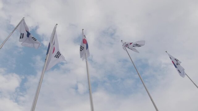 Korean Flags Flying in front of The Government Complex Seoul in Gwanghwamun