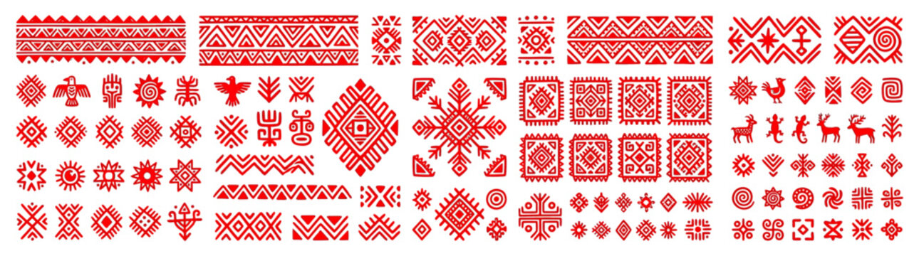 Collection of Red Ethnic Geometric Ornaments and Patterns