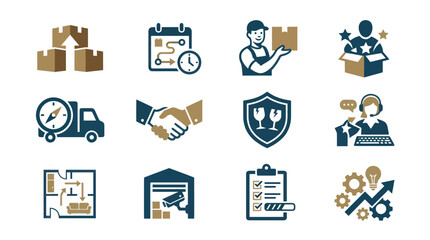 Fototapeta premium Logistics Icons: Delivery, Warehouse, Calendar, Customer Service, Fragile, Inventory