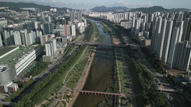 4K Drone of Anyangcheon River near Gocheok Sky Dome Baseball Stadium