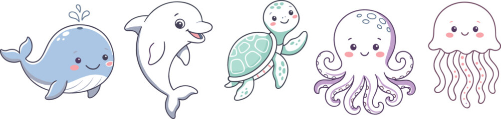 Cute Sea Animal Vector Set Featuring Cartoon Whale Dolphin Turtle Octopus and Jellyfish Characters for Under the Sea Nursery Decor and Kids Graphic Designs © AntarChandra