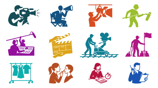 Film  Television Production Crew Roles  Equipment Glyph Icons Set - Cinema Video Making Industry