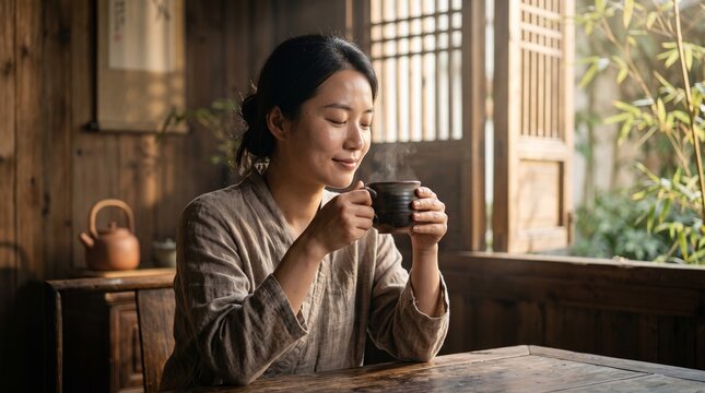 Serene Asian woman holding steaming ceramic mug in traditional wooden interior with warm natural sunlight, zen lifestyle morning tea concept.