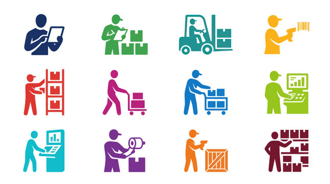 Logistics and Warehouse Management Glyph Icons Set. Flat Vectors for Inventory, Supply Chain, and Distribution Activities.