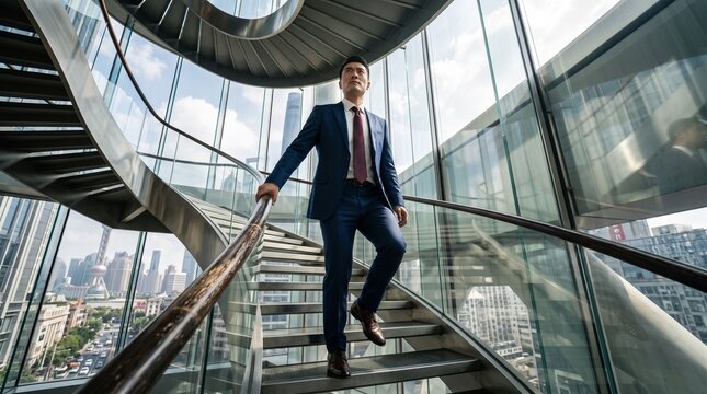 Confident Asian businessman in a navy suit descending a modern spiral staircase within a glass skyscraper overlooking a sprawling urban cityscape.