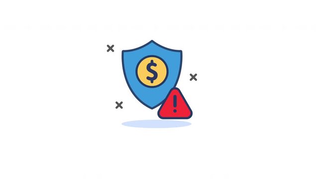 Finance alert icon animation with warning sign and money shield, seamless looping icon for risk control, security breach, and economic issue visuals