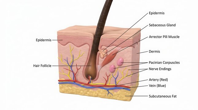 Cross section of human skin layers and hair anatomy with dermatology, physiology
