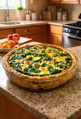 Obraz premium Freshly baked spinach quiche in a glass pie dish on a granite kitchen counter with fruit in the background, a bowl of fresh fruit is visible in the soft focus background