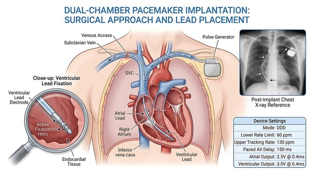 Dual-chamber pacemaker implantation surgical approach and lead placement diagram