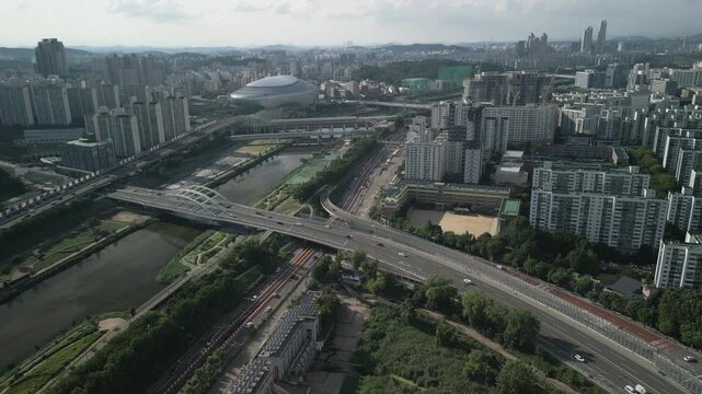 4K Drone of Gocheok Sky Dome Baseball Stadium and Surrounding Area