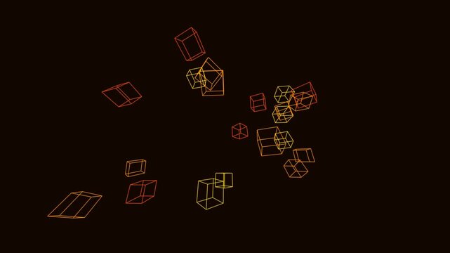 Floating 3D wireframe cubes with red-yellow gradient.