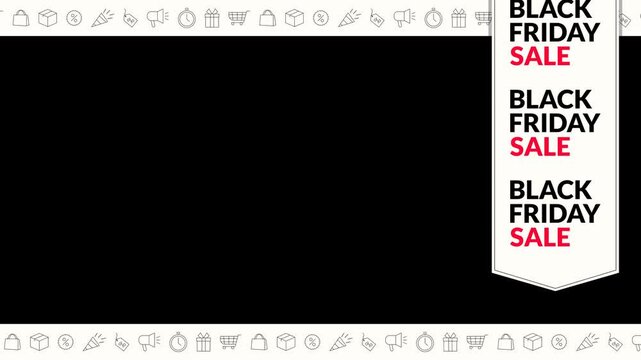 Seamless looping background animation of top and bottom stripes with Black Friday Sale text and shopping elements moving left and right with black center copy space area. Flat style banner design