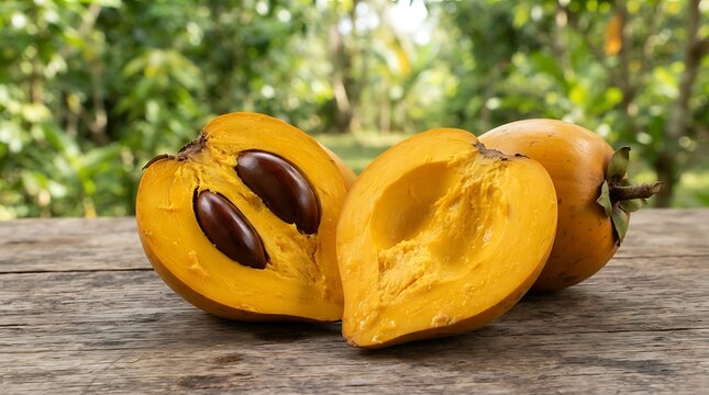 Fresh Yellow Fruit Pouteria campechiana Sapotaceae Tropical Food on Wooden Table with Green Garden Background