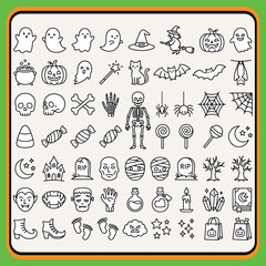 Fototapeta premium Halloween-themed icons set featuring ghosts, pumpkins, witches, skeletons, and spooky symbols in black and white