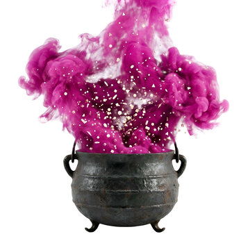 Black cauldron with pink magic smoke eruption and particles