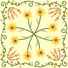 Obraz premium Cute Pastel Floral Tile Pattern with Sun Flower and Green Leaves
