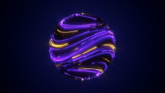 Futuristic abstract sphere composed of energetic purple and orange light lines spiraling around dark central core creating dynamic motion effect on deep navy blue background.
