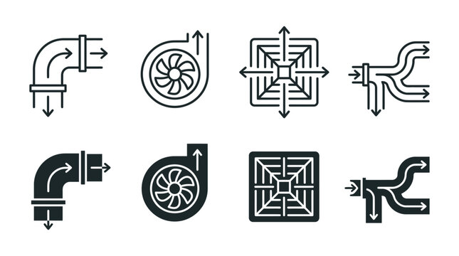 Industrial ventilation and hvac system airflow icons featuring duct elbow fan turbine square vent and distribution pipe